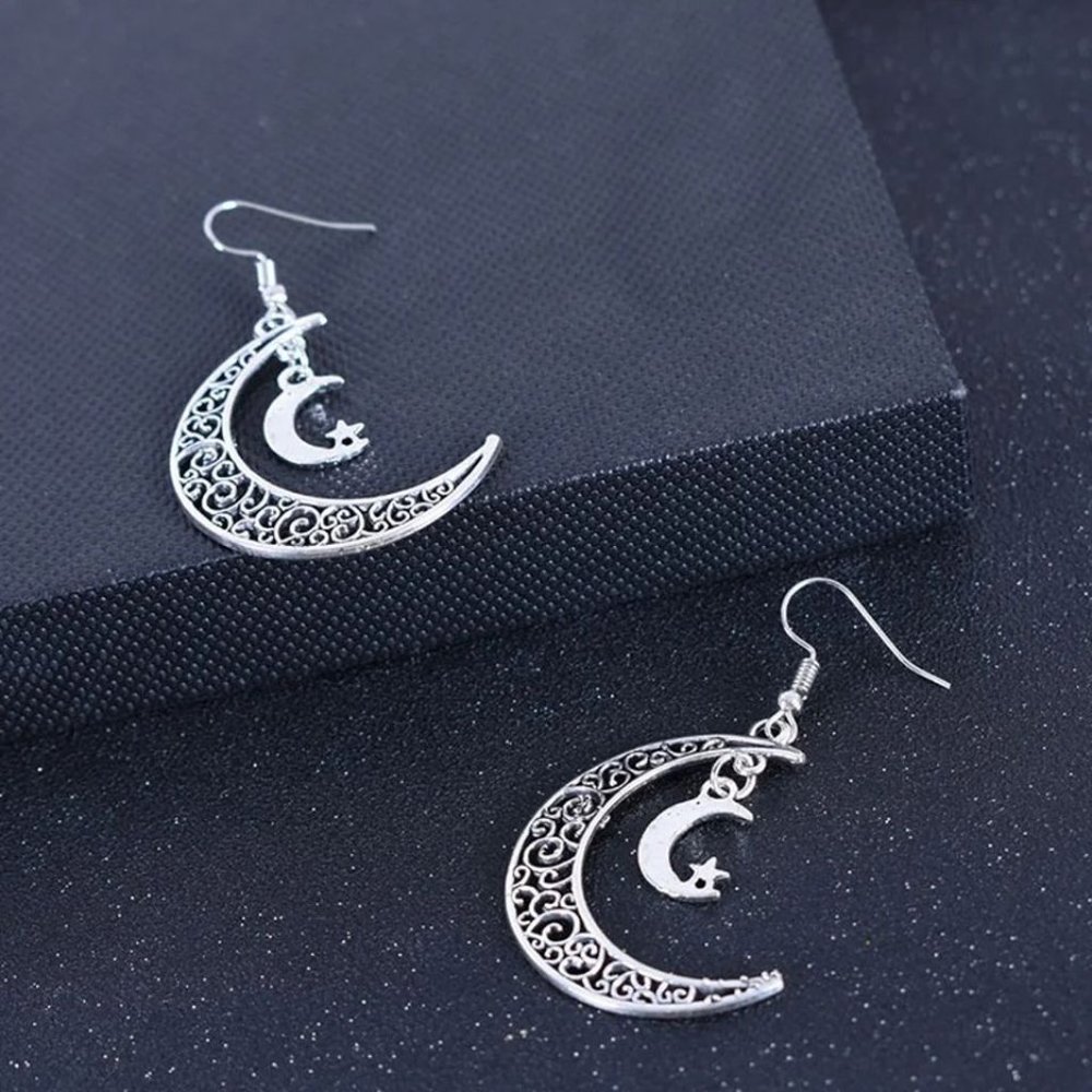 Hollow Moon Drop Earrings W/ STARS Long Dangle Fashion Jewelry